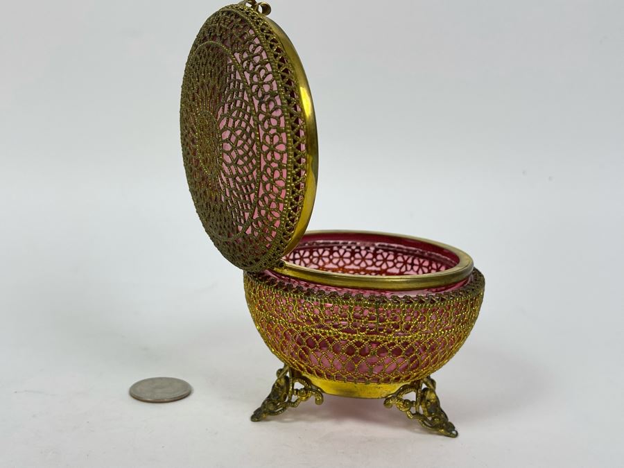 JUST ADDED - Gold Tone Metal Overlay On Ruby Glass Footed Jar With Hinged Lid 3.5W X 3.25H [Photo 4]