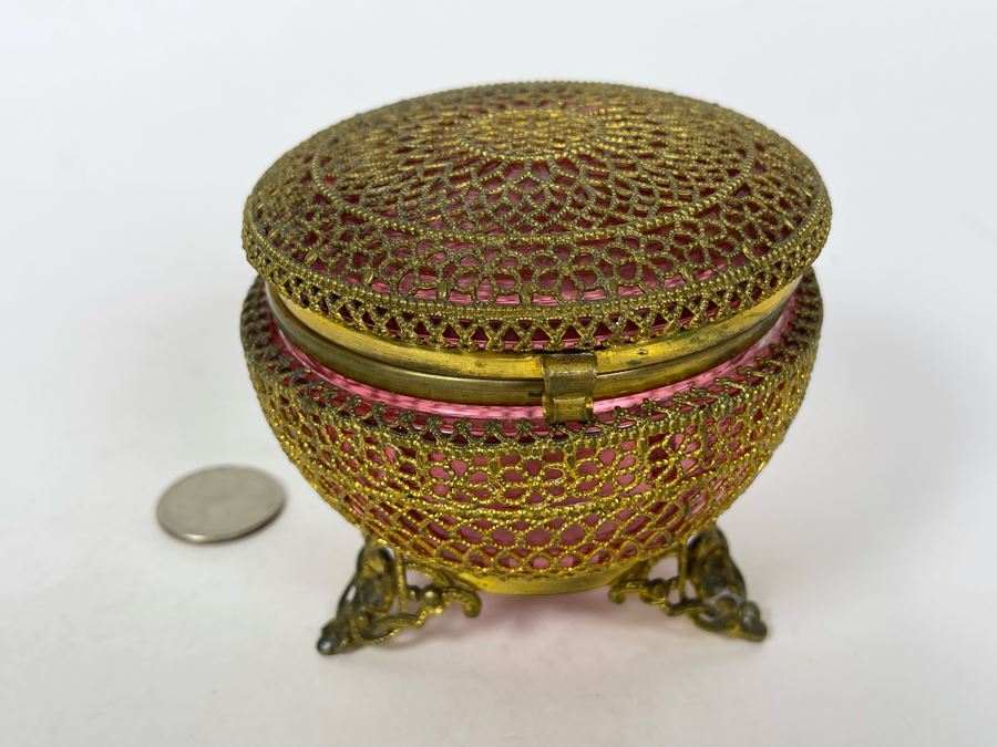 JUST ADDED - Gold Tone Metal Overlay On Ruby Glass Footed Jar With Hinged Lid 3.5W X 3.25H [Photo 3]