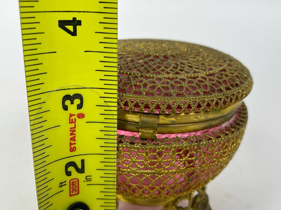 JUST ADDED - Gold Tone Metal Overlay On Ruby Glass Footed Jar With Hinged Lid 3.5W X 3.25H [Photo 6]