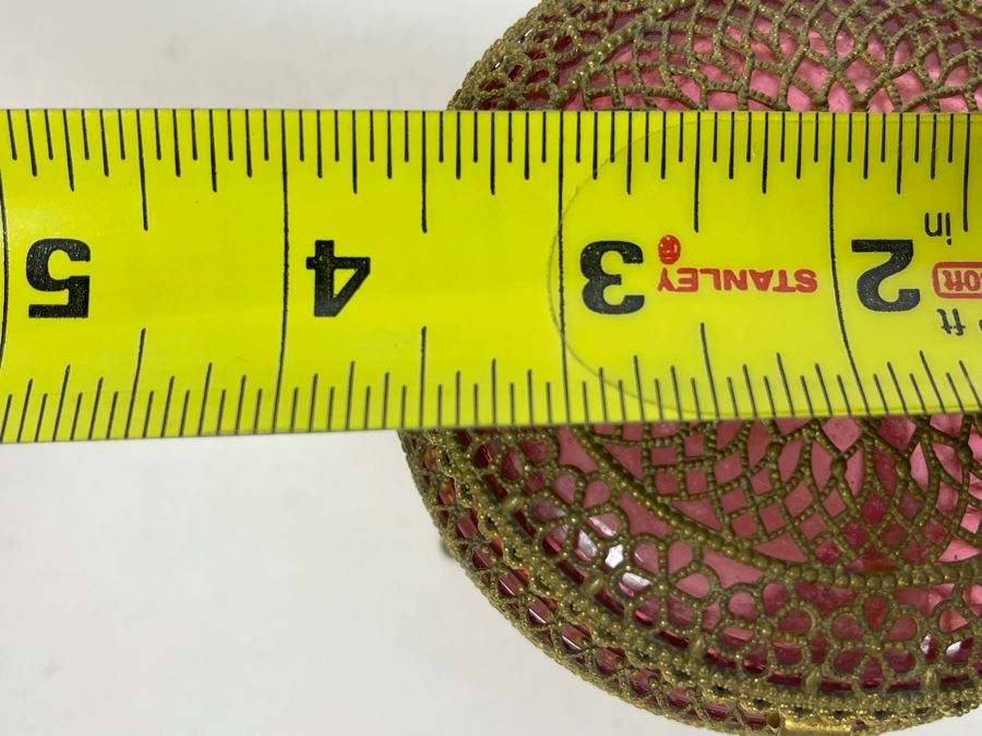 JUST ADDED - Gold Tone Metal Overlay On Ruby Glass Footed Jar With Hinged Lid 3.5W X 3.25H [Photo 5]