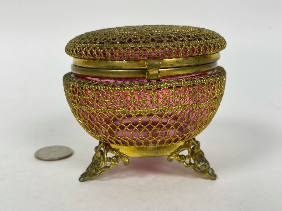 JUST ADDED - Gold Tone Metal Overlay On Ruby Glass Footed Jar With Hinged Lid 3.5W X 3.25H [Photo 2]