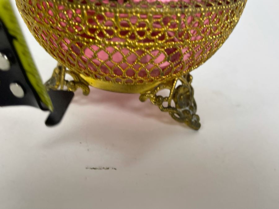 JUST ADDED - Gold Tone Metal Overlay On Ruby Glass Footed Jar With Hinged Lid 3.5W X 3.25H [Photo 7]