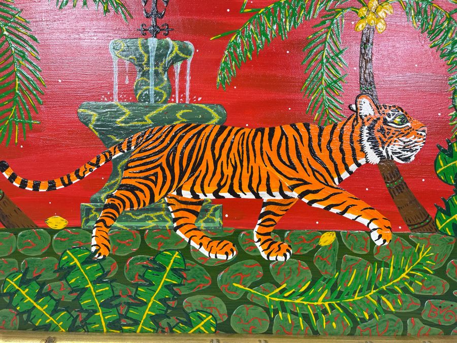 JUST ADDED - Original Framed Folk Art Tiger Painting Signed B G 20 X 16 [Photo 3]
