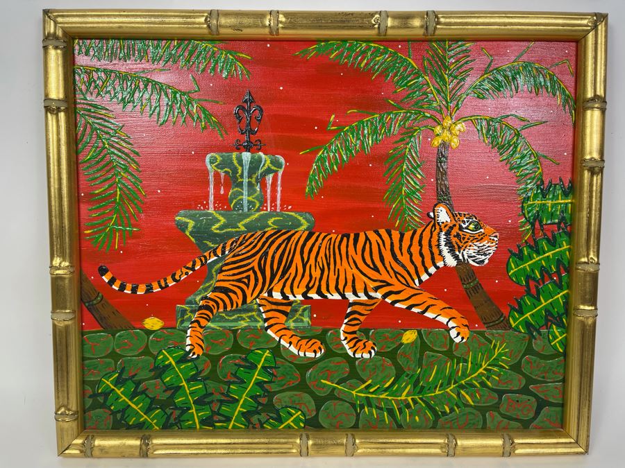 JUST ADDED - Original Framed Folk Art Tiger Painting Signed B G 20 X 16 [Photo 2]