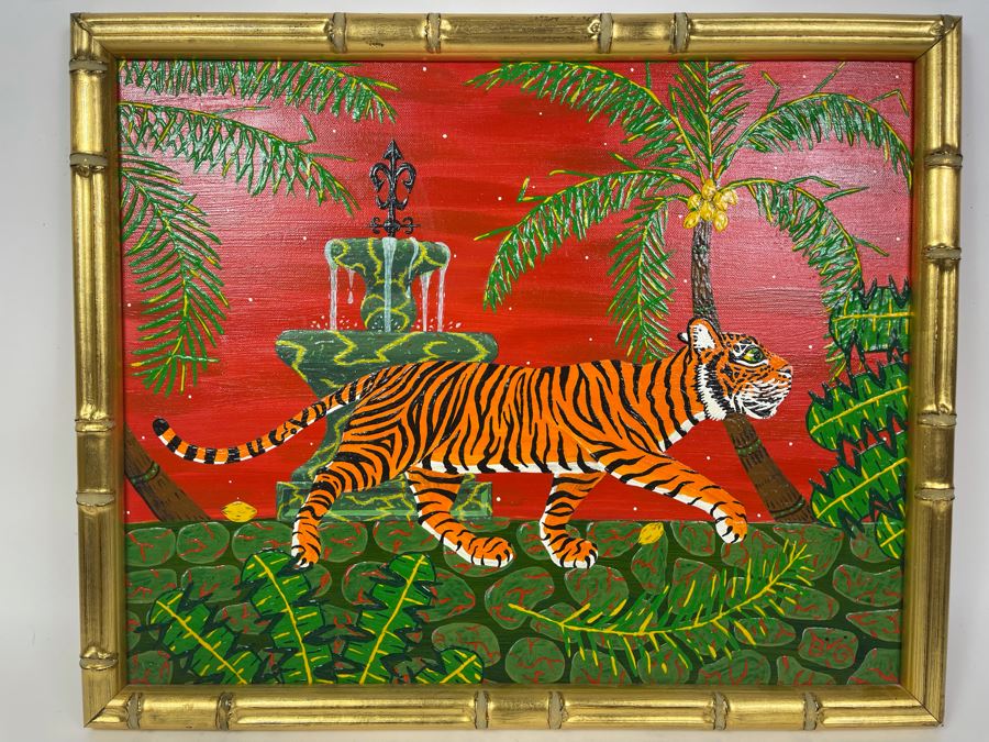 JUST ADDED - Original Framed Folk Art Tiger Painting Signed B G 20 X 16