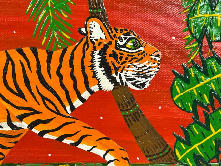 JUST ADDED - Original Framed Folk Art Tiger Painting Signed B G 20 X 16 [Photo 4]