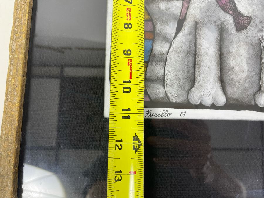 JUST ADDED - Original Michela Fusillo 1987 Cat With Fish Mixed Media Artwork Framed 10 X 11 [Photo 11]