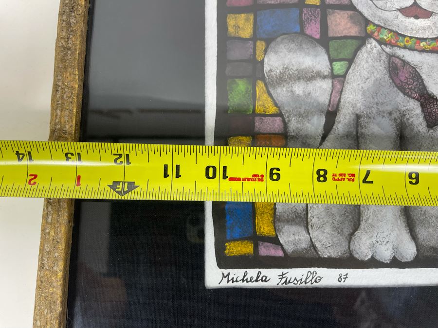 JUST ADDED - Original Michela Fusillo 1987 Cat With Fish Mixed Media Artwork Framed 10 X 11 [Photo 10]