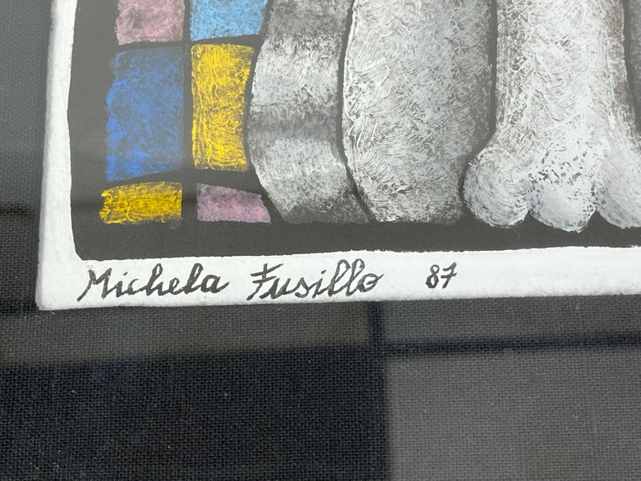 JUST ADDED - Original Michela Fusillo 1987 Cat With Fish Mixed Media Artwork Framed 10 X 11 [Photo 5]