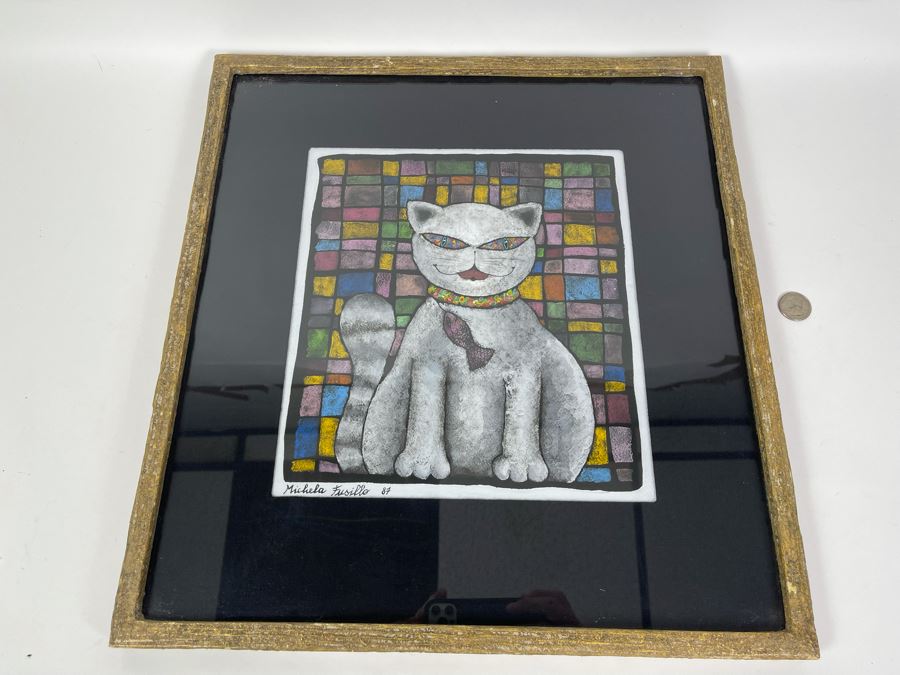 JUST ADDED - Original Michela Fusillo 1987 Cat With Fish Mixed Media Artwork Framed 10 X 11 [Photo 7]