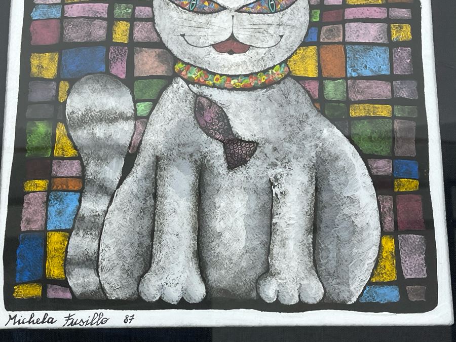 JUST ADDED - Original Michela Fusillo 1987 Cat With Fish Mixed Media Artwork Framed 10 X 11 [Photo 4]