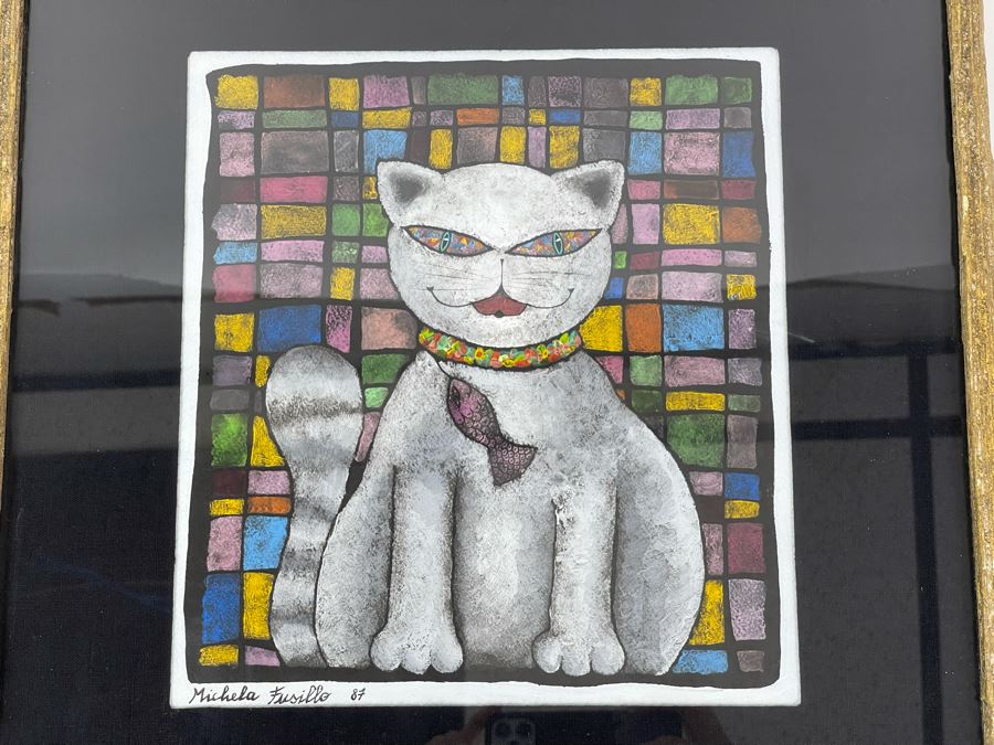 JUST ADDED - Original Michela Fusillo 1987 Cat With Fish Mixed Media Artwork Framed 10 X 11