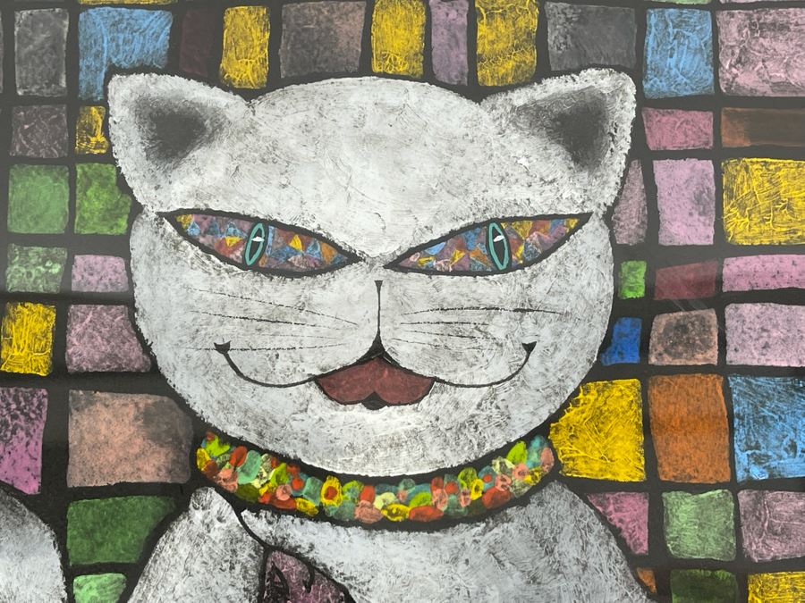 JUST ADDED - Original Michela Fusillo 1987 Cat With Fish Mixed Media Artwork Framed 10 X 11 [Photo 6]