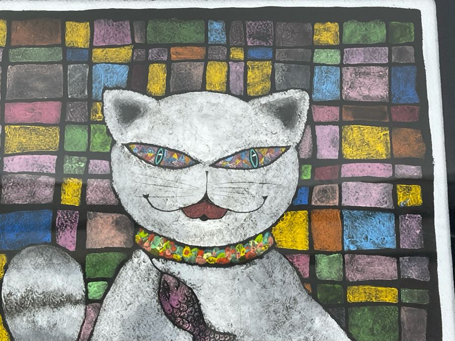 JUST ADDED - Original Michela Fusillo 1987 Cat With Fish Mixed Media Artwork Framed 10 X 11 [Photo 3]