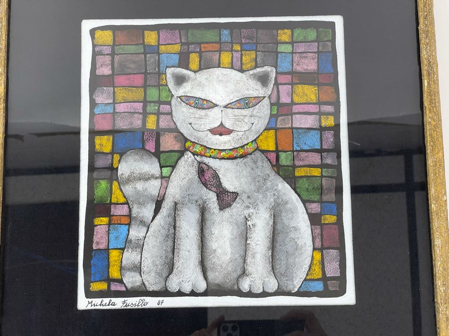 JUST ADDED - Original Michela Fusillo 1987 Cat With Fish Mixed Media Artwork Framed 10 X 11 [Photo 2]