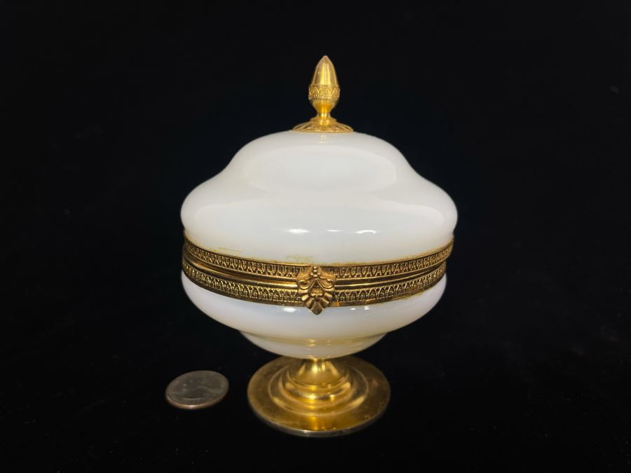 Vintage French Opaline Gilt Bronze Footed Dresser Jar Estimate $500-$600 4W X 5H [Photo 2]