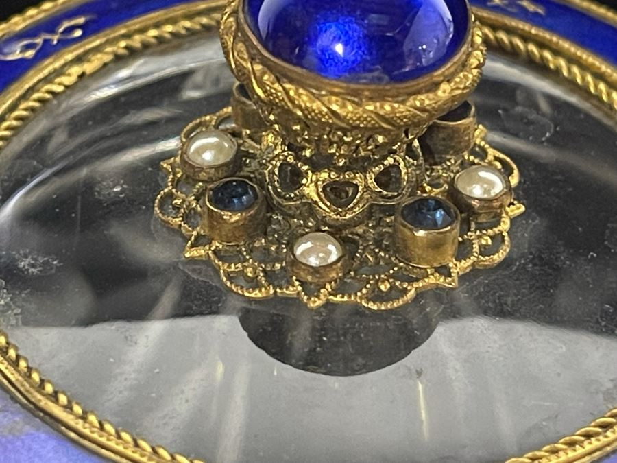 Vintage Austria Victorian Etched Glass Jar With Seed Pearls And Blue Enamel Gilt Bronze 3.25W Estimate $600-$700 [Photo 10]