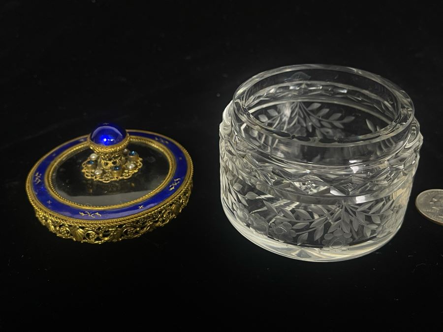 Vintage Austria Victorian Etched Glass Jar With Seed Pearls And Blue Enamel Gilt Bronze 3.25W Estimate $600-$700 [Photo 12]