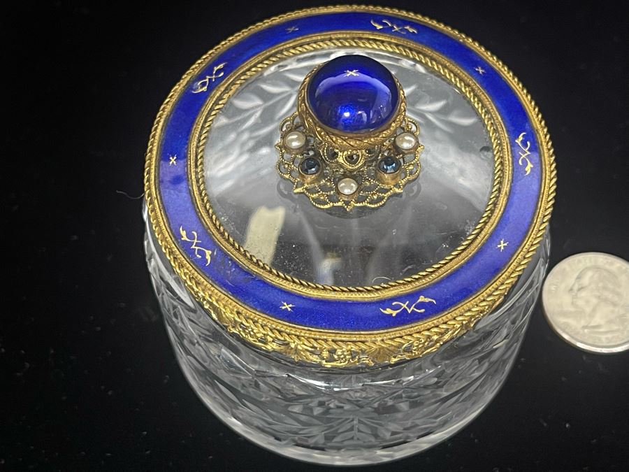 Vintage Austria Victorian Etched Glass Jar With Seed Pearls And Blue Enamel Gilt Bronze 3.25W Estimate $600-$700 [Photo 5]