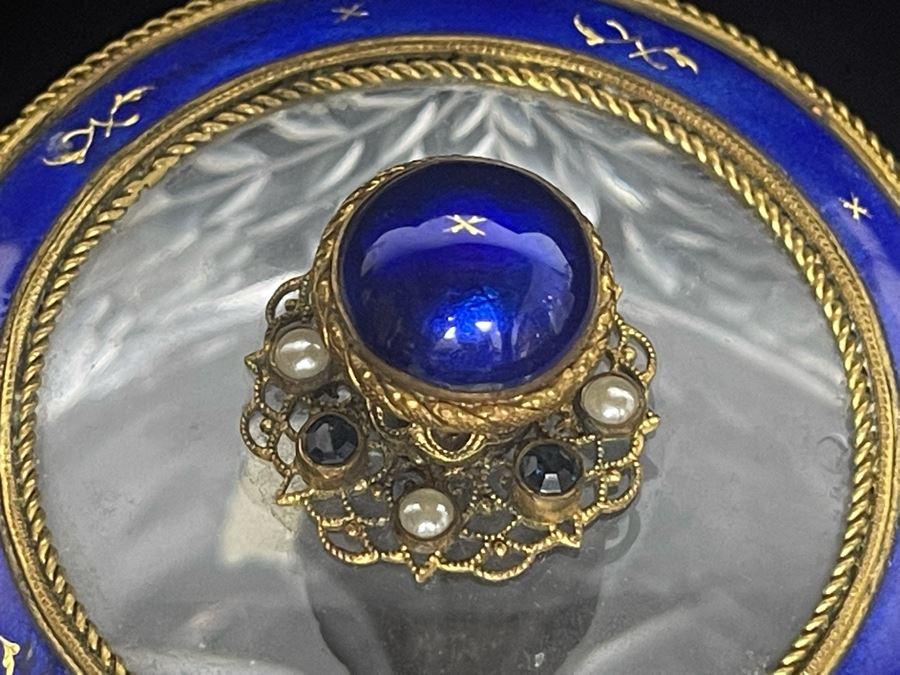 Vintage Austria Victorian Etched Glass Jar With Seed Pearls And Blue Enamel Gilt Bronze 3.25W Estimate $600-$700 [Photo 11]