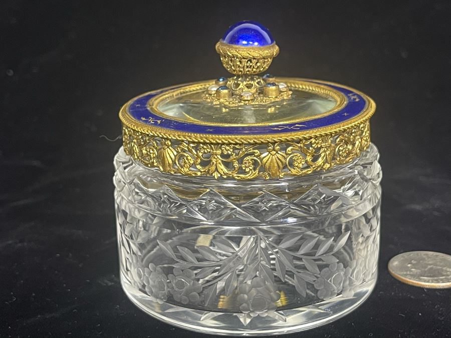 Vintage Austria Victorian Etched Glass Jar With Seed Pearls And Blue Enamel Gilt Bronze 3.25W Estimate $600-$700 [Photo 7]