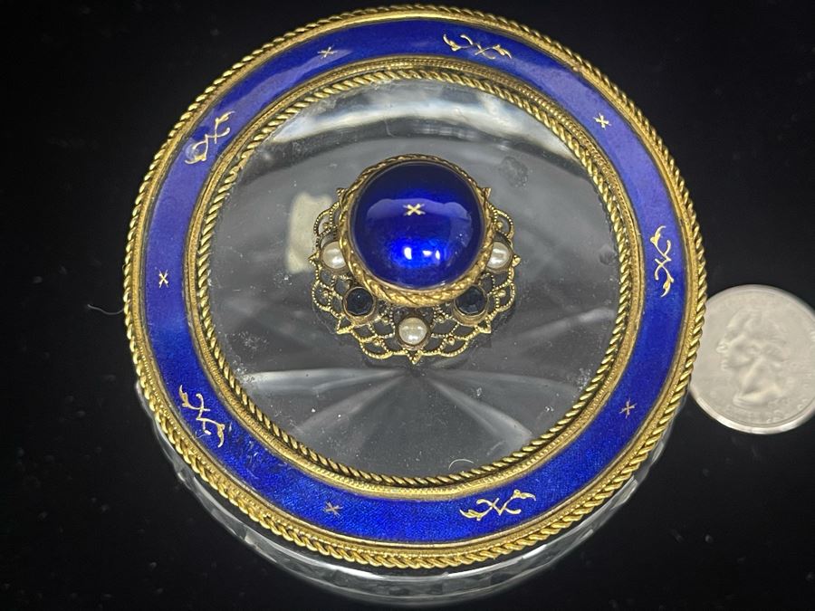 Vintage Austria Victorian Etched Glass Jar With Seed Pearls And Blue Enamel Gilt Bronze 3.25W Estimate $600-$700 [Photo 3]