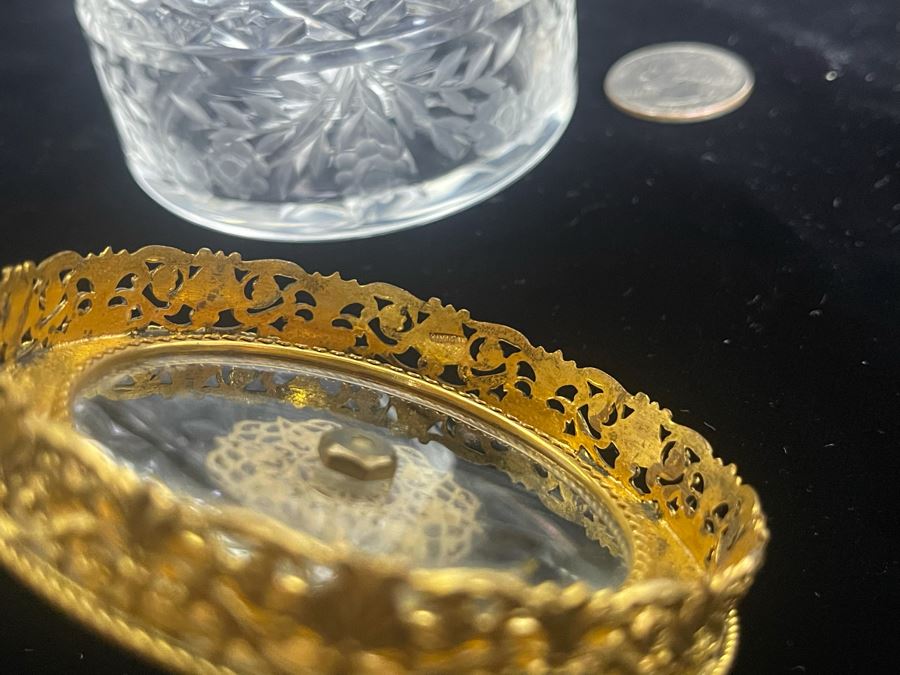 Vintage Austria Victorian Etched Glass Jar With Seed Pearls And Blue Enamel Gilt Bronze 3.25W Estimate $600-$700 [Photo 14]