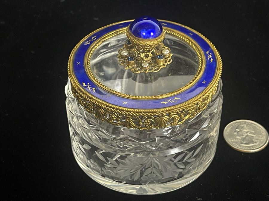 Vintage Austria Victorian Etched Glass Jar With Seed Pearls And Blue Enamel Gilt Bronze 3.25W Estimate $600-$700