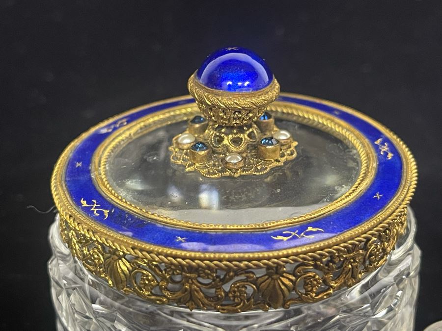 Vintage Austria Victorian Etched Glass Jar With Seed Pearls And Blue Enamel Gilt Bronze 3.25W Estimate $600-$700 [Photo 6]
