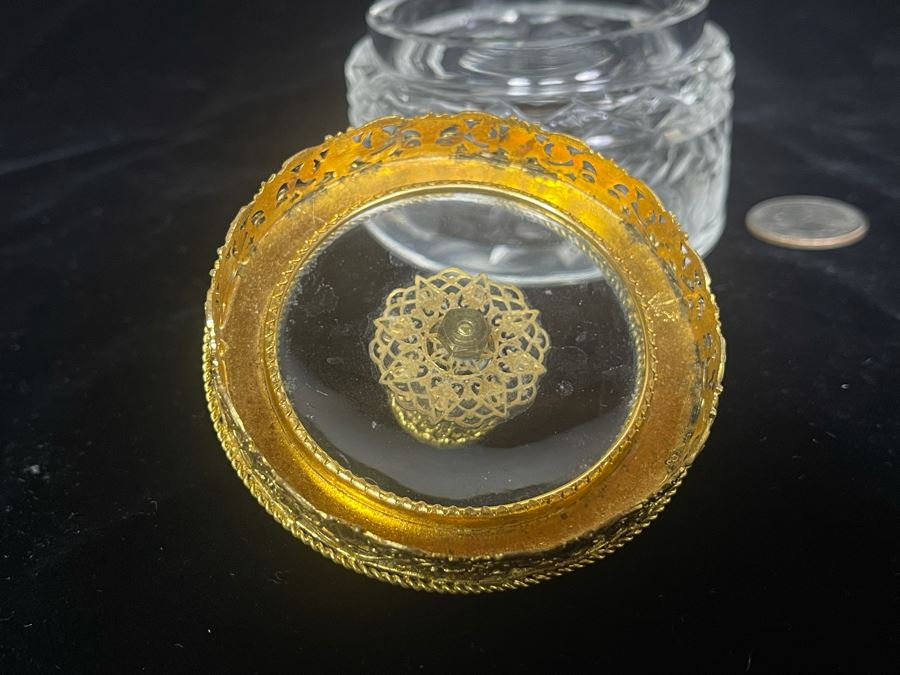 Vintage Austria Victorian Etched Glass Jar With Seed Pearls And Blue Enamel Gilt Bronze 3.25W Estimate $600-$700 [Photo 13]