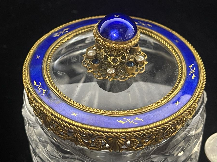 Vintage Austria Victorian Etched Glass Jar With Seed Pearls And Blue Enamel Gilt Bronze 3.25W Estimate $600-$700 [Photo 9]