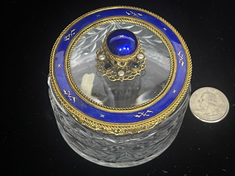 Vintage Austria Victorian Etched Glass Jar With Seed Pearls And Blue Enamel Gilt Bronze 3.25W Estimate $600-$700 [Photo 2]