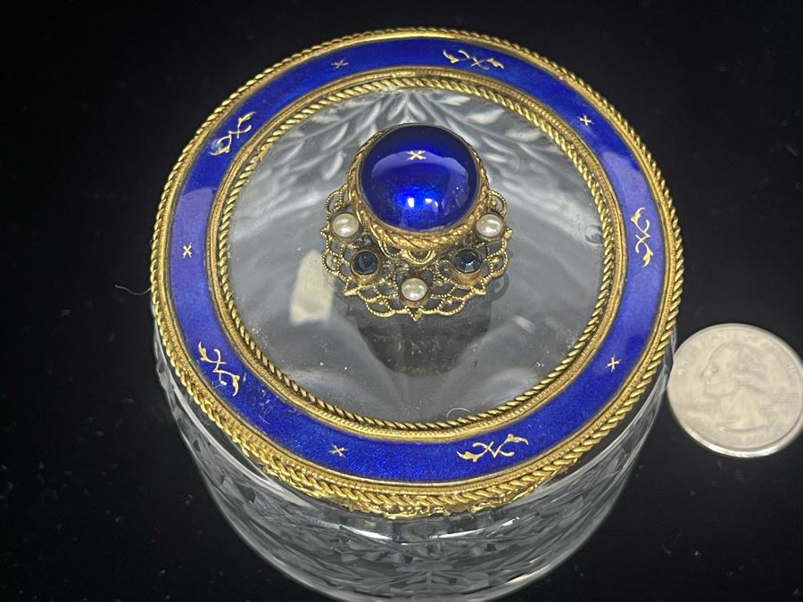 Vintage Austria Victorian Etched Glass Jar With Seed Pearls And Blue Enamel Gilt Bronze 3.25W Estimate $600-$700 [Photo 4]