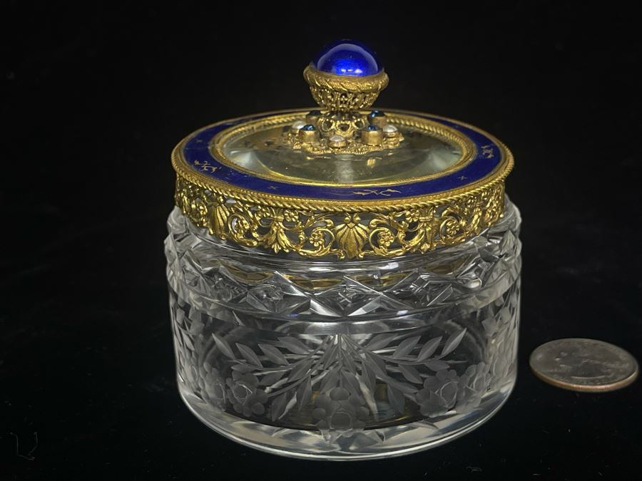 Vintage Austria Victorian Etched Glass Jar With Seed Pearls And Blue Enamel Gilt Bronze 3.25W Estimate $600-$700 [Photo 8]