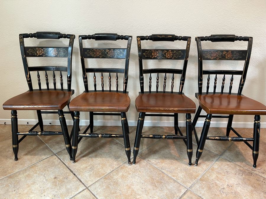 Set Of Four Signed L. Hitchcock Black And Gold Stenciled Chairs