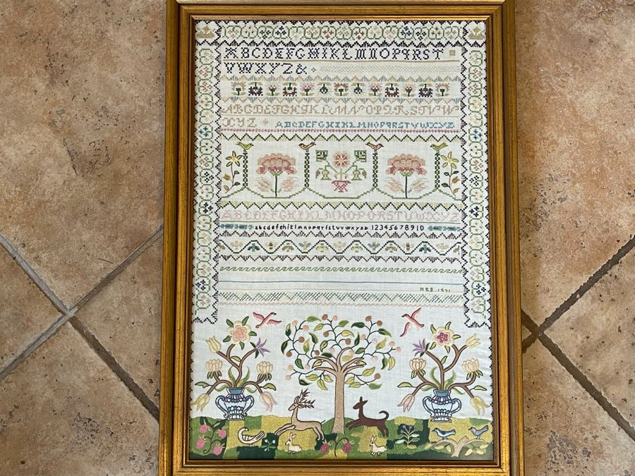 Framed Vintage Sampler Needlepoint Embroidery 18 X 25 [Photo 1]