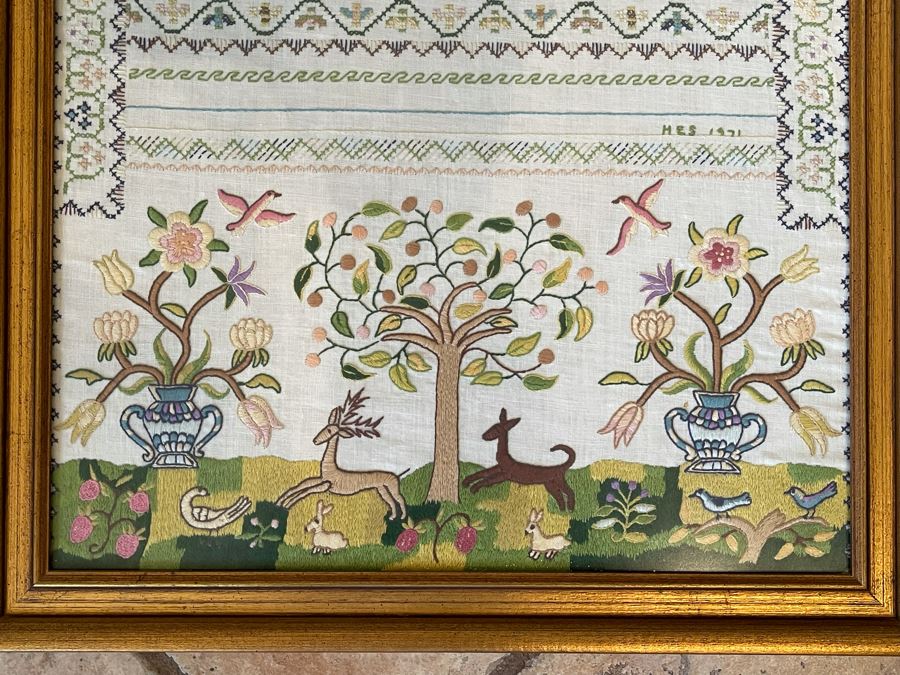 Framed Vintage Sampler Needlepoint Embroidery 18 X 25 [Photo 3]