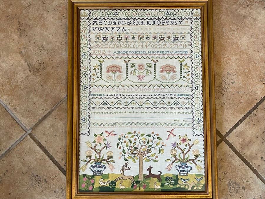 Framed Vintage Sampler Needlepoint Embroidery 18 X 25 [Photo 2]