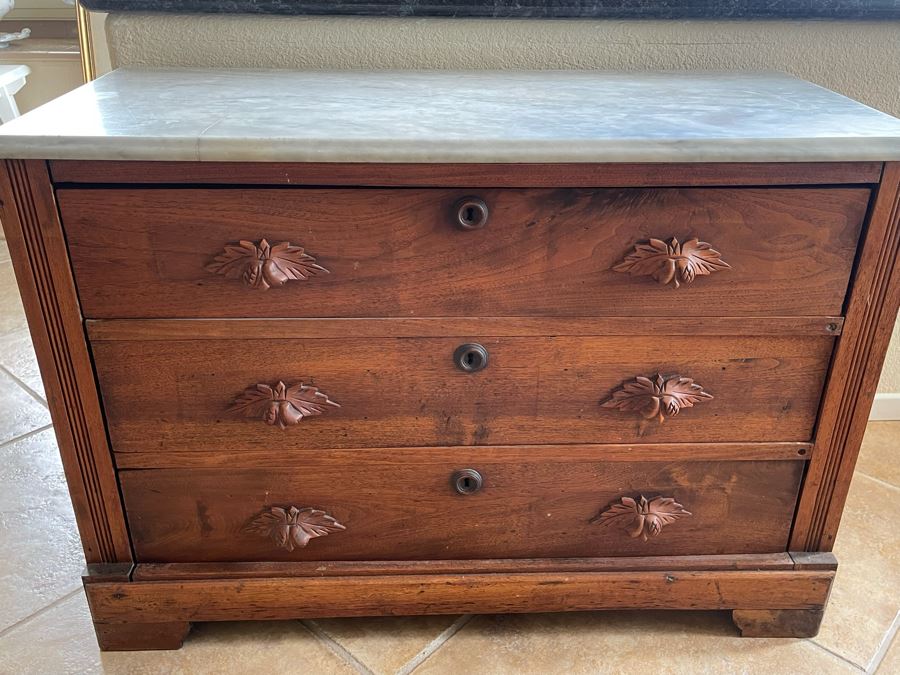 Vintage 3-Drawer Dresser Chest Of Drawers With White Marble Top (See Photos For Crack In Marble) 39.5W X 17.5D X 26.5H [Photo 1]
