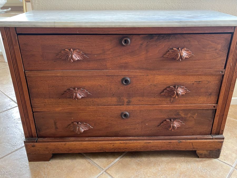 Vintage 3-Drawer Dresser Chest Of Drawers With White Marble Top (See Photos For Crack In Marble) 39.5W X 17.5D X 26.5H [Photo 3]