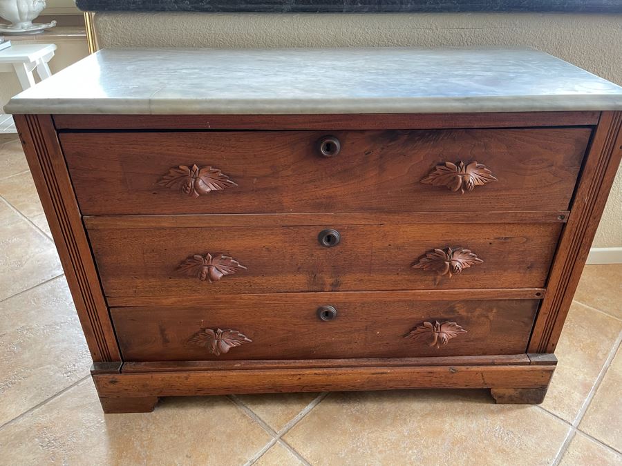 Vintage 3-Drawer Dresser Chest Of Drawers With White Marble Top (See Photos For Crack In Marble) 39.5W X 17.5D X 26.5H [Photo 2]