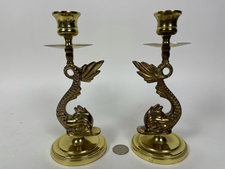 Pair Of Brass Dolphin Candlesticks 7.5H [Photo 2]