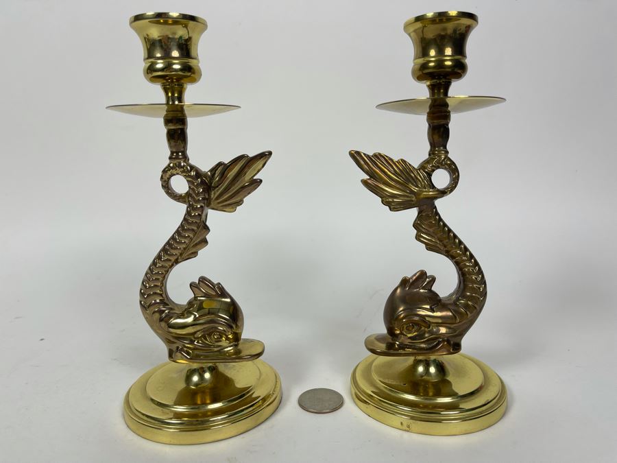 Pair Of Brass Dolphin Candlesticks 7.5H [Photo 1]