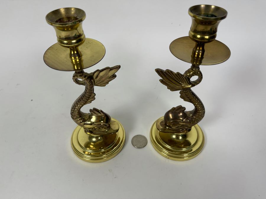 Pair Of Brass Dolphin Candlesticks 7.5H [Photo 3]