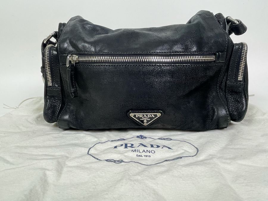 PRADA Black Leather Handbag With Dust Cover 12W X 7H [Photo 4]