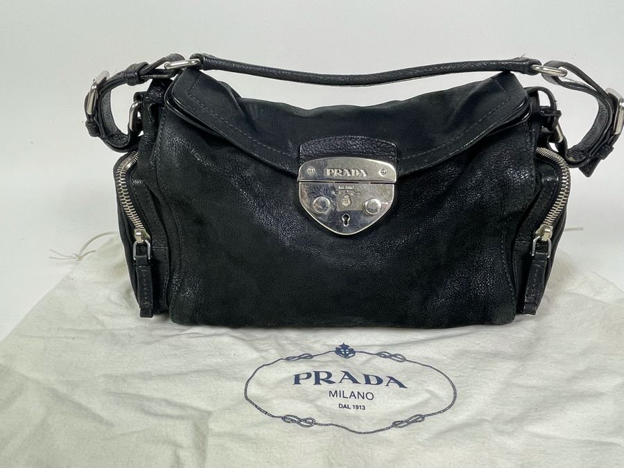 PRADA Black Leather Handbag With Dust Cover 12W X 7H