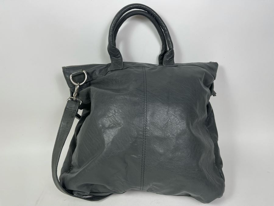 Crate & Barrel Leather Tote Handbag Grey 18 X 16.5 [Photo 3]