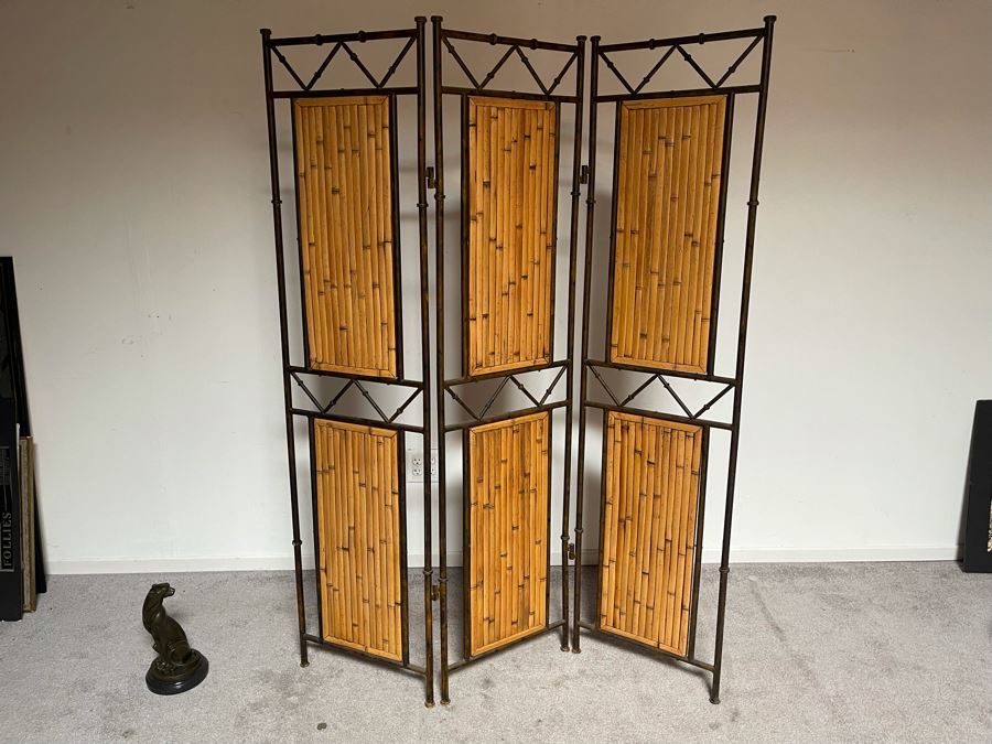 Bamboo And Metal 3-Panel Room Divider Screen 51W X 67H [Photo 3]