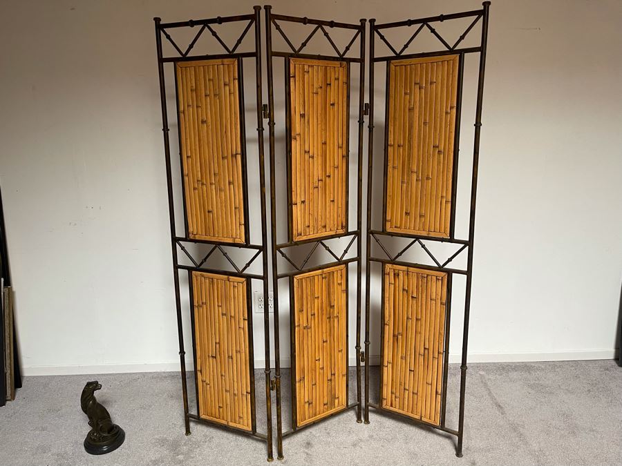 Bamboo And Metal 3-Panel Room Divider Screen 51W X 67H [Photo 4]