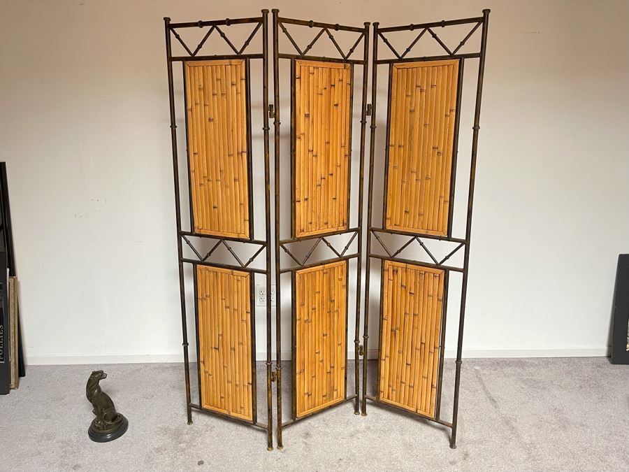 Bamboo And Metal 3-Panel Room Divider Screen 51W X 67H [Photo 1]